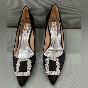 Badgley Mischka Black Satin Pointed Toe Heels with Crystal Buckles